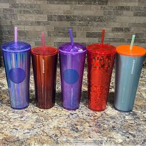 Lot of 5 Starbucks Tumblers (24oz) w Lids & 5 Straws Various Colors Light Scuff